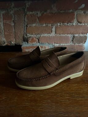 To Boot Men's Brown Suede Penny Loafers with Cream Sole